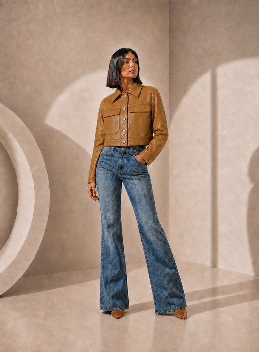 Cropped Trucker Lamb Leather Jacket in Saddle SADDLE / XS