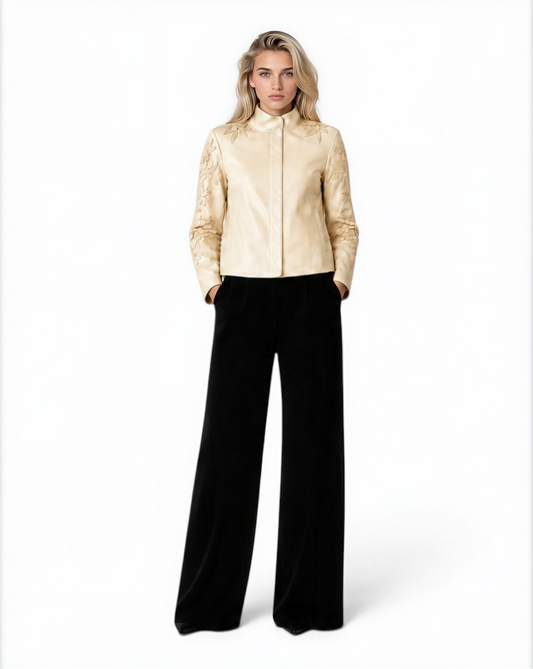 Floral Cutwork Lamb Leather Jacket in Cream