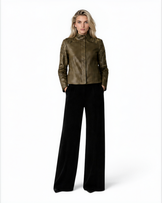 Floral Cutwork Lamb Leather Jacket in Graphic Olive