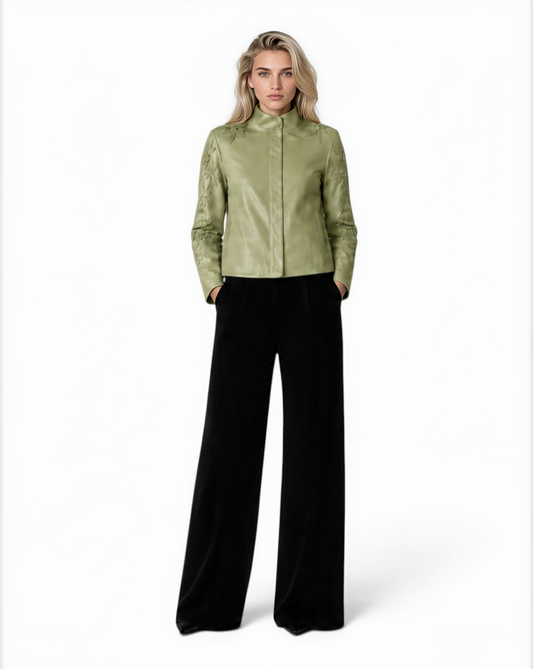 Floral Cutwork Lamb Leather Jacket in Willow Green