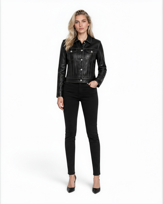 Classic Trucker Lamb Leather Jacket in Night Black