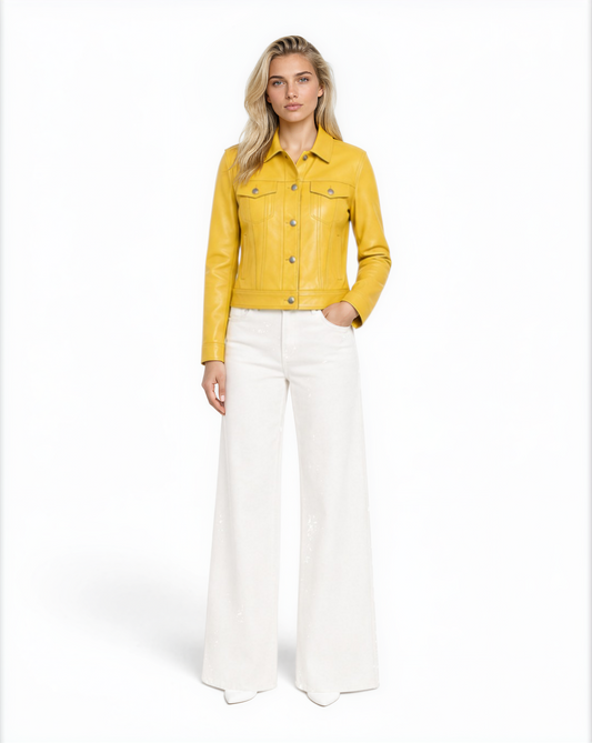 Classic Trucker Lamb Leather Jacket in Sunburst Yellow