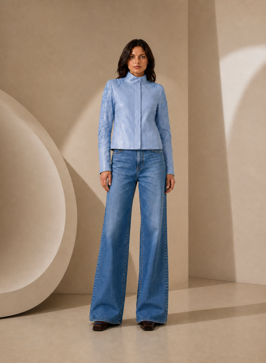 Floral Cutwork Lamb Leather Jacket in Blue Ice BLUE ICE / XS