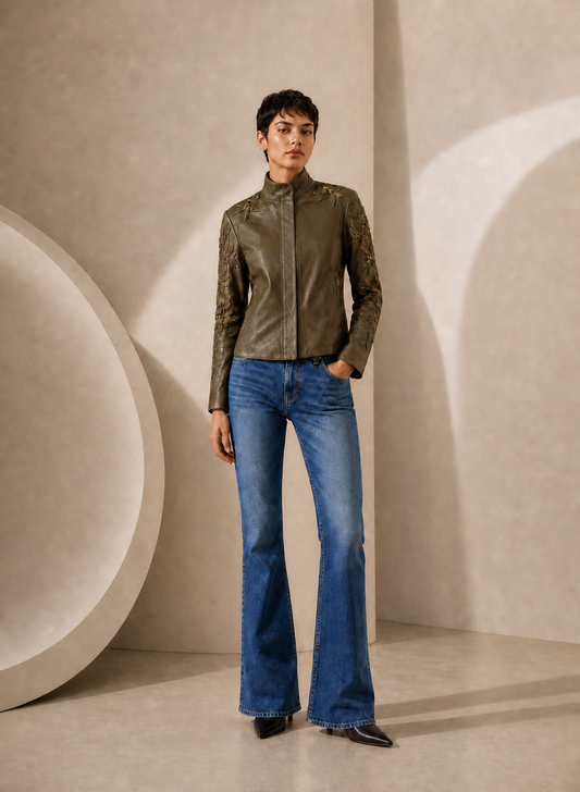 Floral Cutwork Lamb Leather Jacket in Graphite Olive