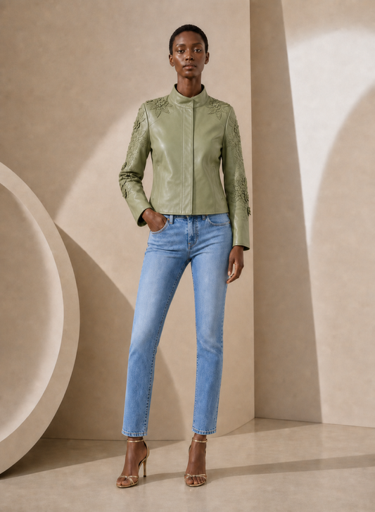 Floral Cutwork Lamb Leather Jacket in Willow Green WILLOW GREEN / XS