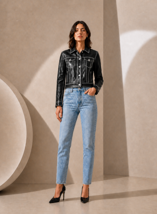 Classic Trucker Lamb Leather Jacket in Night Black NIGHT BLACK / XS