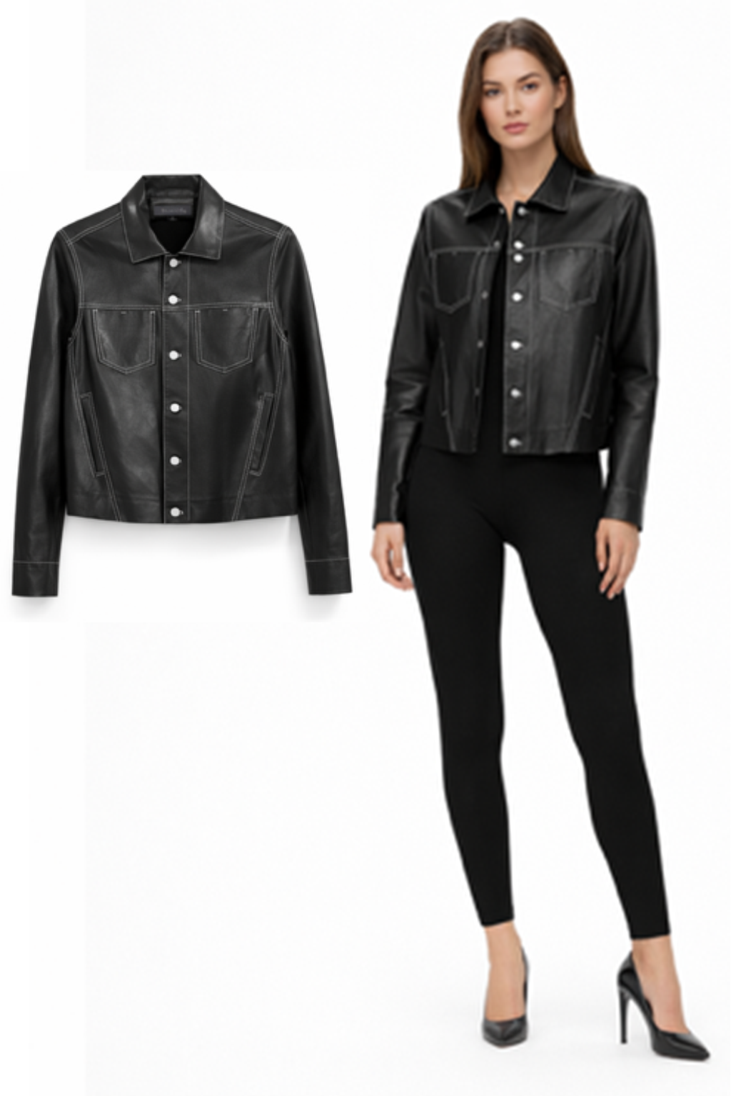 <P>3250<BR> STITCHED TWO POCKET LAMB LEATHER JEAN JACKET </P> Black/White