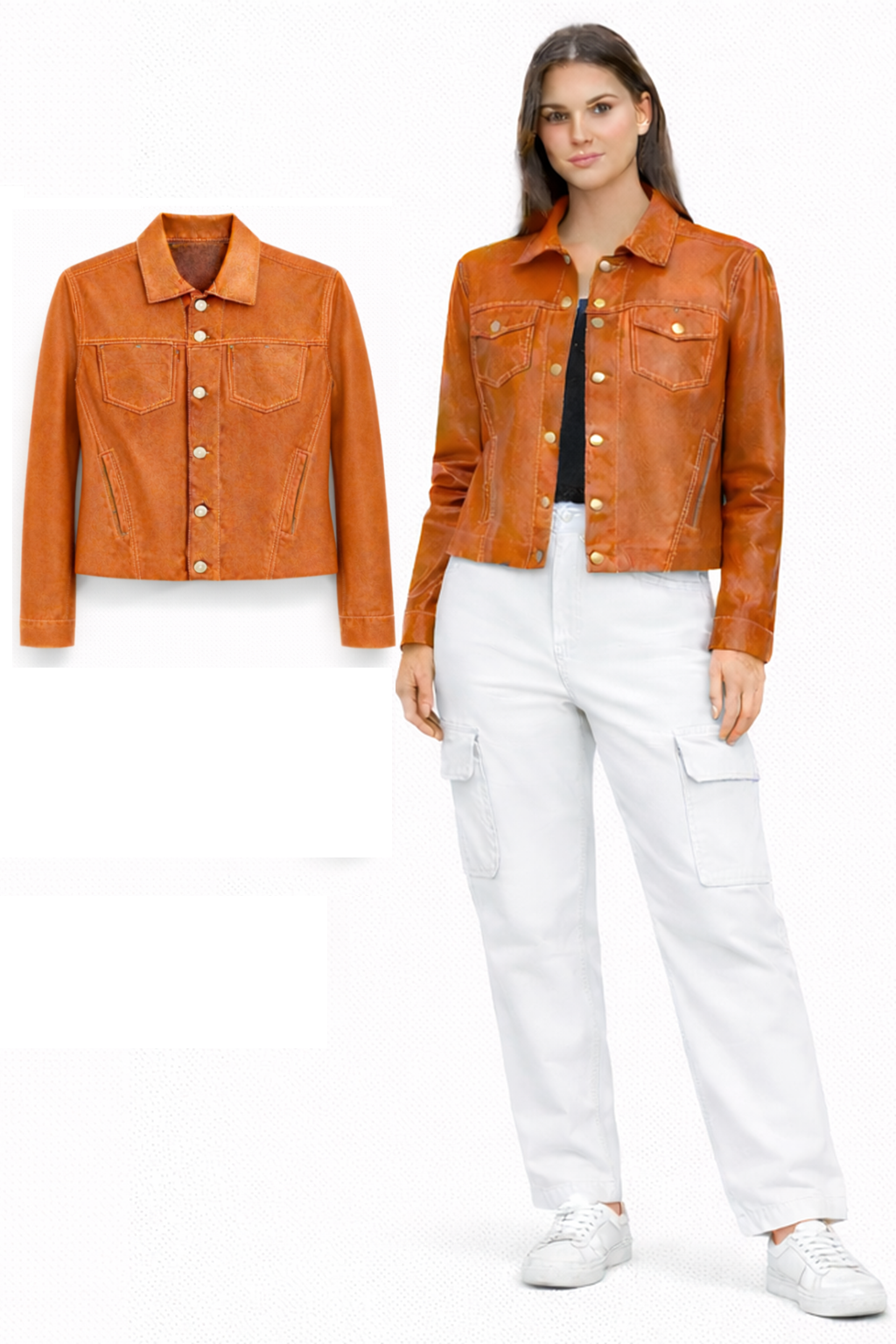 <P>3250<BR> STITCHED TWO POCKET LAMB LEATHER JEAN JACKET </P> Orange