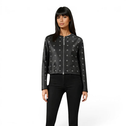 Grommet Trimmed Lamb Leather Jacket