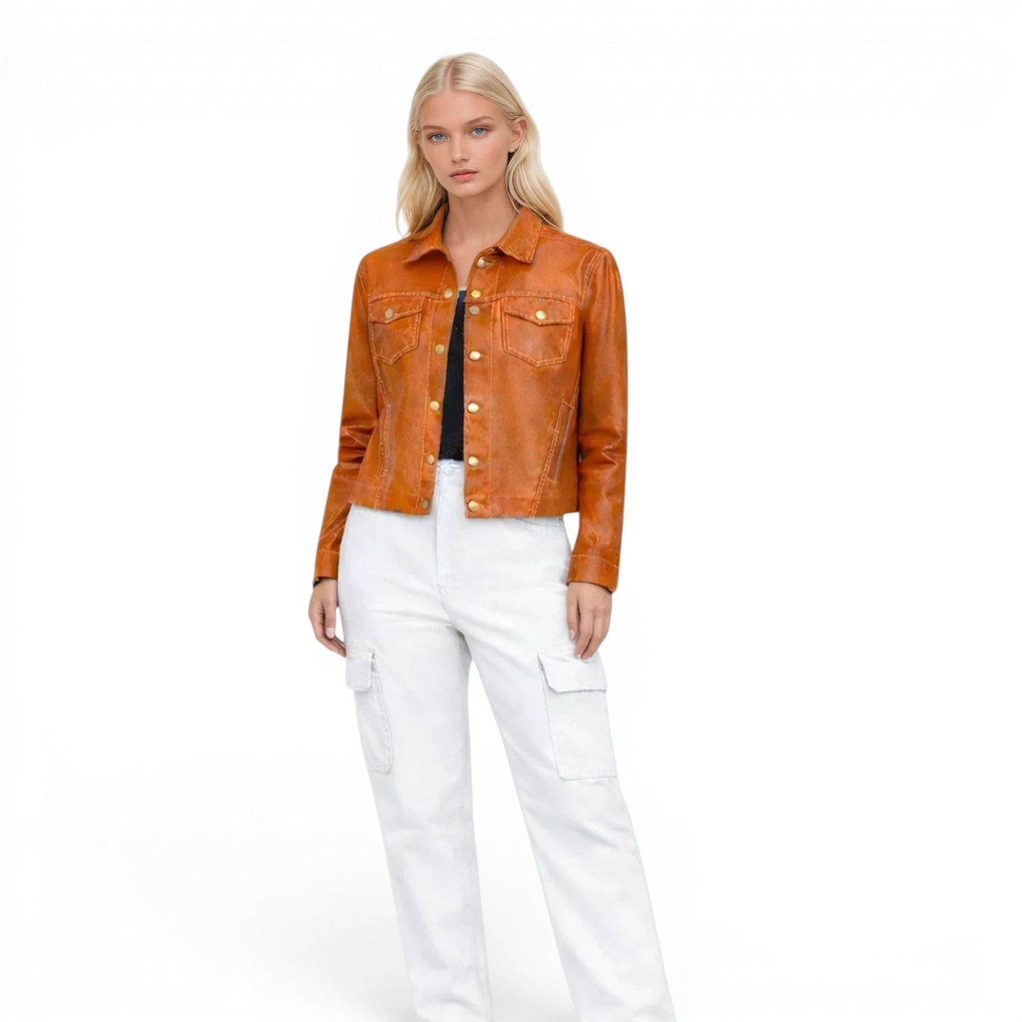 Stitched Two Pocket Lamb Leather Jean Jacket