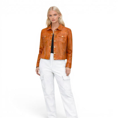 Stitched Two Pocket Lamb Leather Jean Jacket