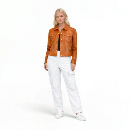 Stitched Two Pocket Lamb Leather Jean Jacket