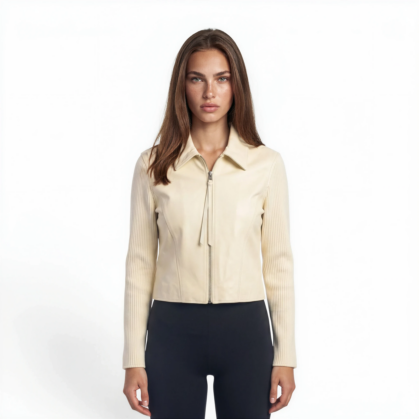 Lamb Leather Trim Knit Jacket