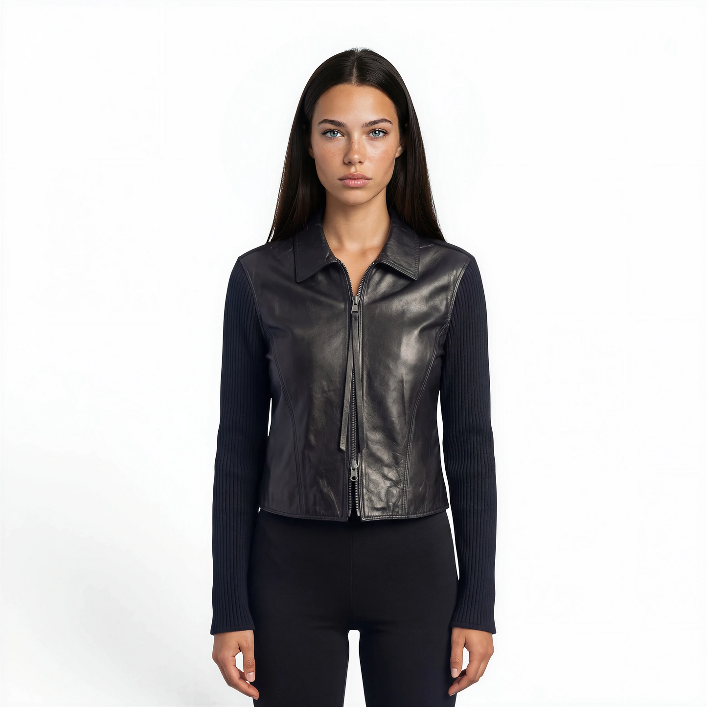 Lamb Leather Trim Knit Jacket