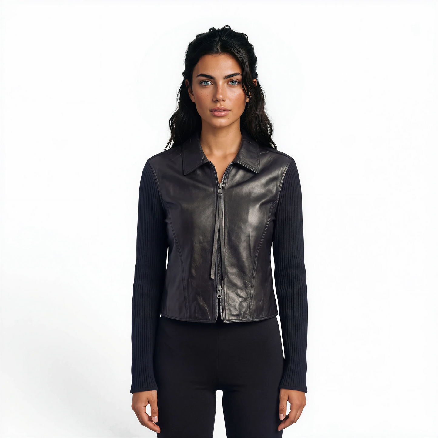 Lamb Leather Trim Knit Jacket