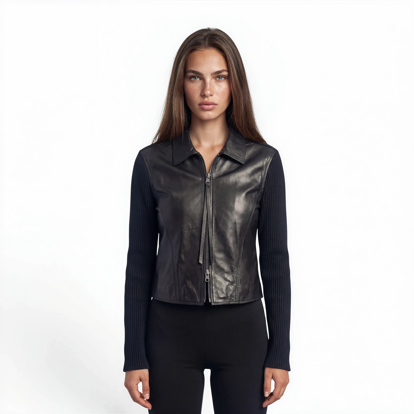 Lamb Leather Trim Knit Jacket