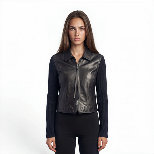 Lamb Leather Trim Knit Jacket