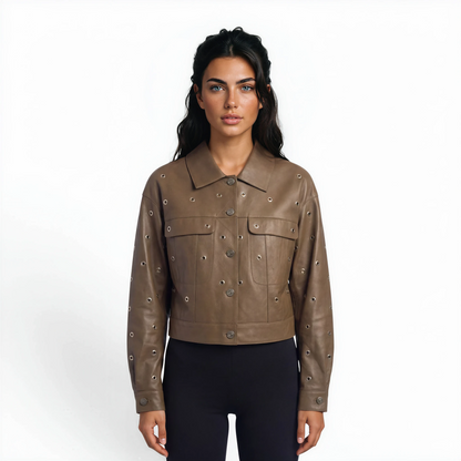 Cropped Grommet Trim Lamb Leather Jacket