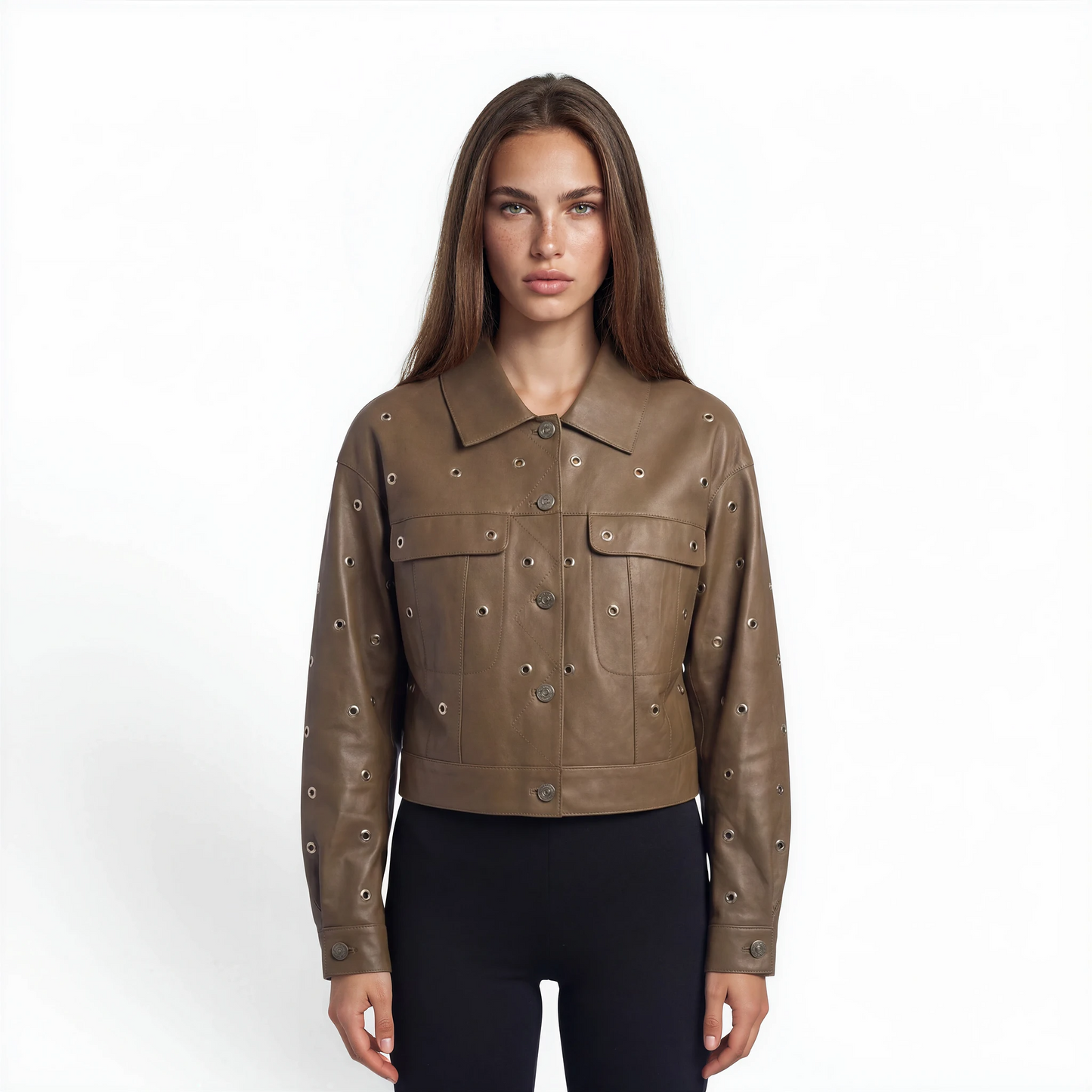 Cropped Grommet Trim Lamb Leather Jacket