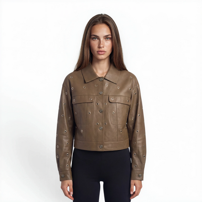 Cropped Grommet Trim Lamb Leather Jacket