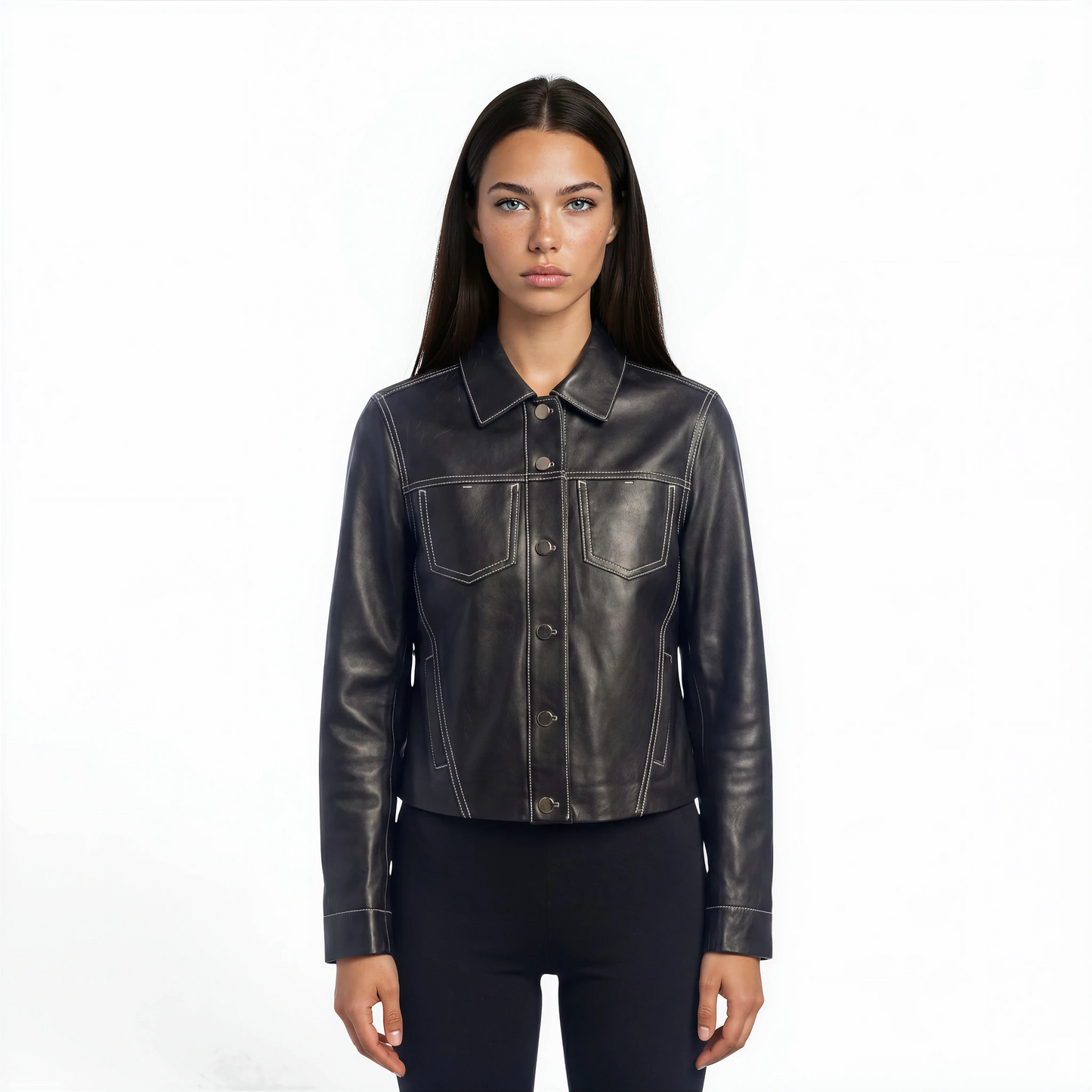 Stitched Two Pocket Lamb Leather Jean Jacket