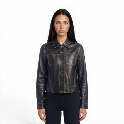 Stitched Two Pocket Lamb Leather Jean Jacket