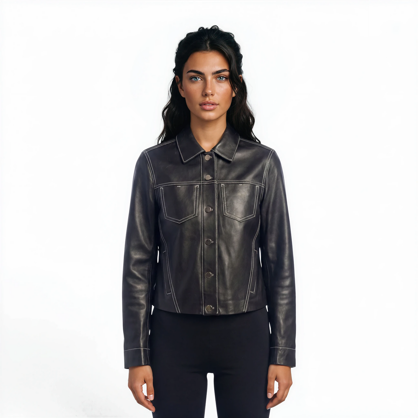 Stitched Two Pocket Lamb Leather Jean Jacket