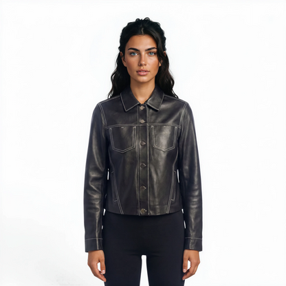 Stitched Two Pocket Lamb Leather Jean Jacket