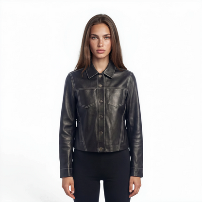 Stitched Two Pocket Lamb Leather Jean Jacket