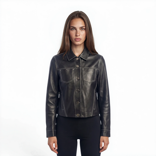 Stitched Two Pocket Lamb Leather Jean Jacket