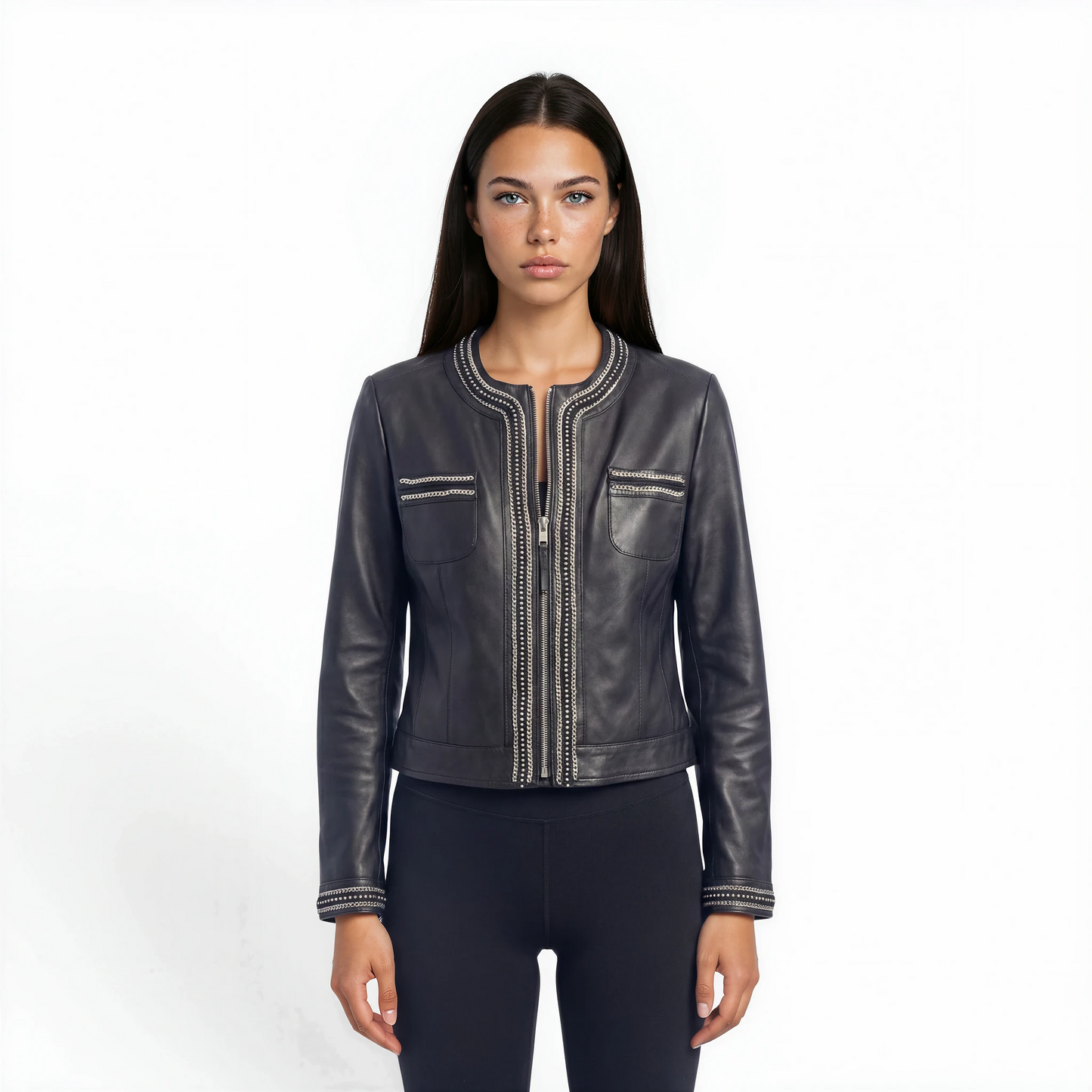 Round Neck Embellished Lamb Leather Jacket