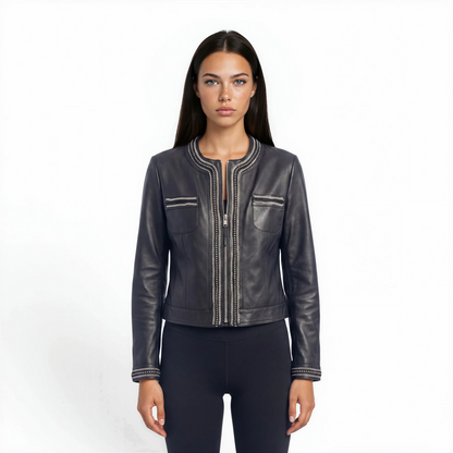 Round Neck Embellished Lamb Leather Jacket