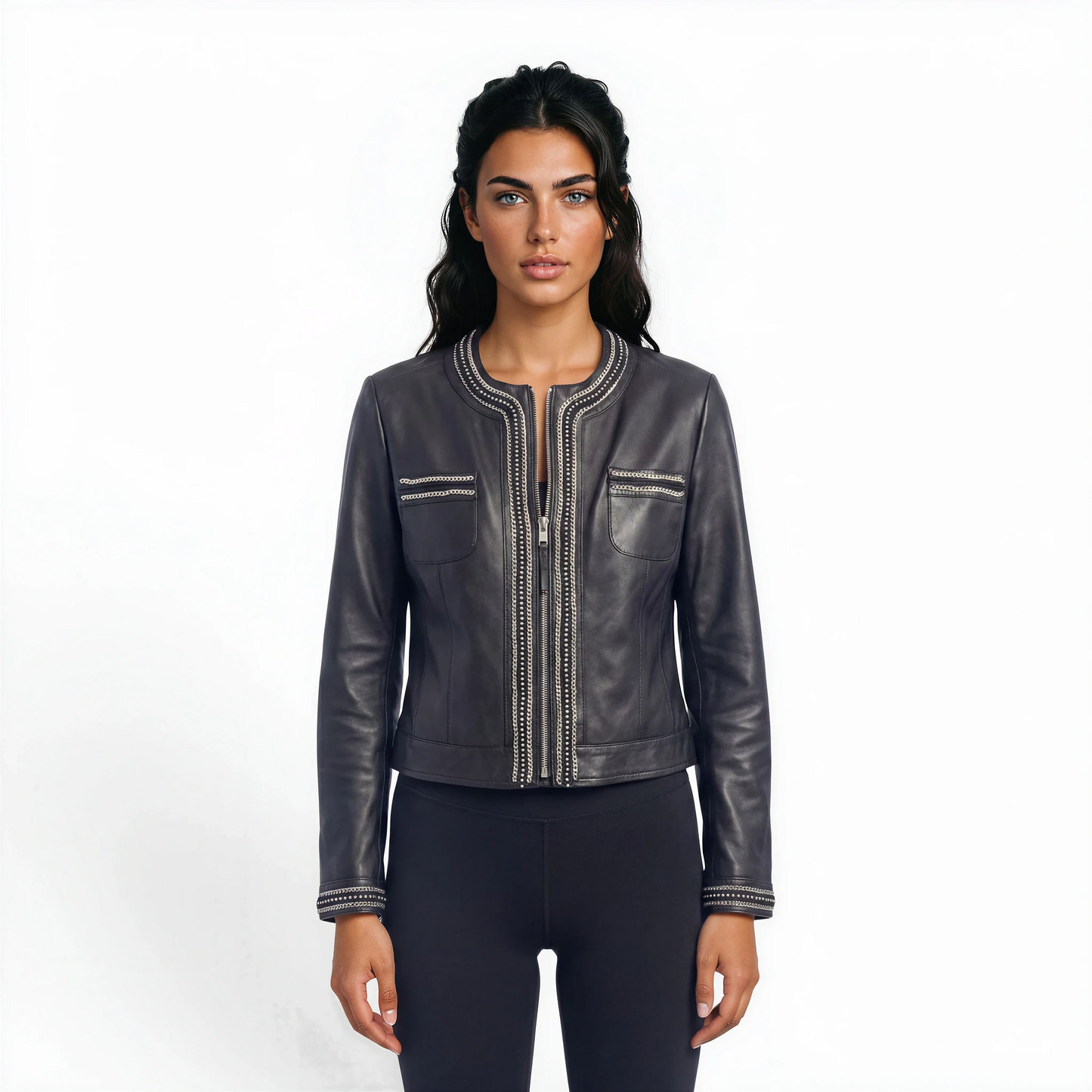 Round Neck Embellished Lamb Leather Jacket