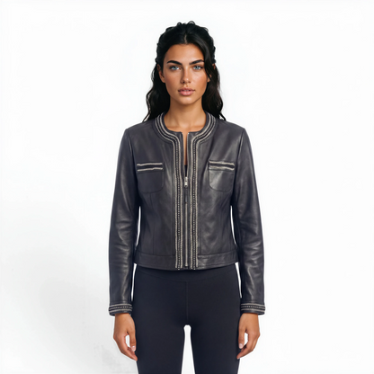 Round Neck Embellished Lamb Leather Jacket