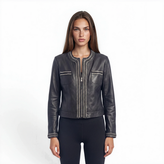 Round Neck Embellished Lamb Leather Jacket