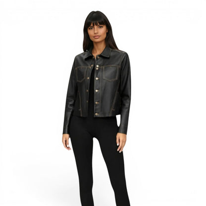 Stitched Two Pocket Lamb Leather Jean Jacket