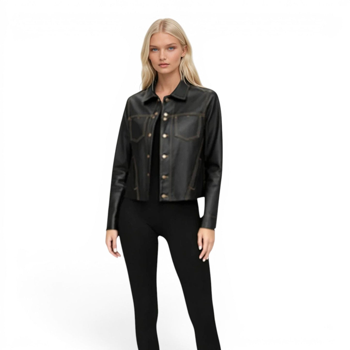 Stitched Two Pocket Lamb Leather Jean Jacket