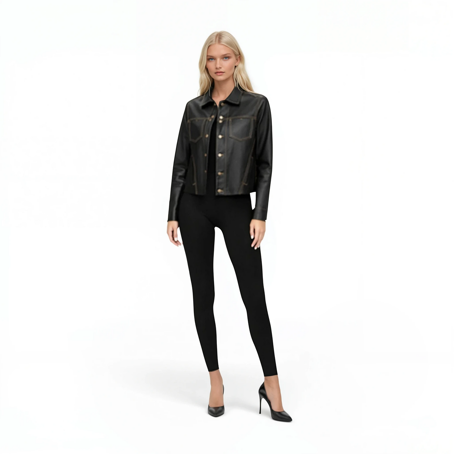 Stitched Two Pocket Lamb Leather Jean Jacket
