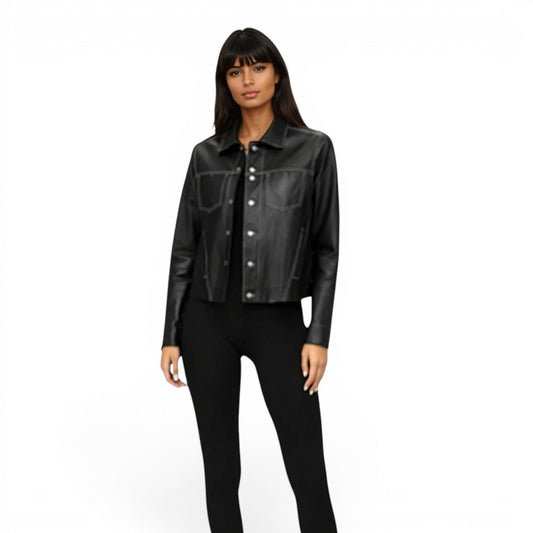 Stitched Two Pocket Lamb Leather Jean Jacket