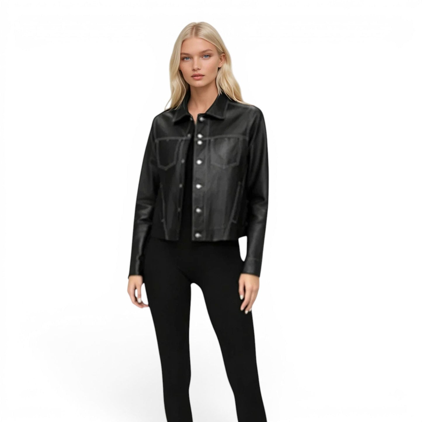 Stitched Two Pocket Lamb Leather Jean Jacket