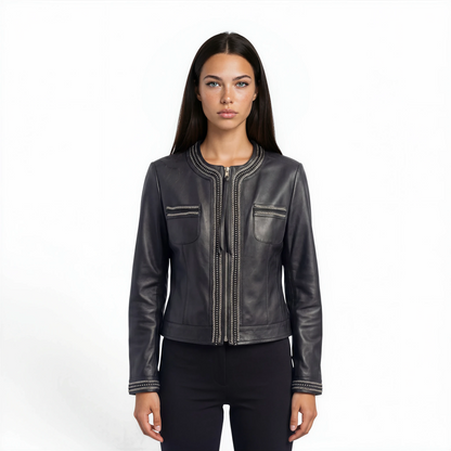 Round Neck Embellished Lamb Leather Jacket
