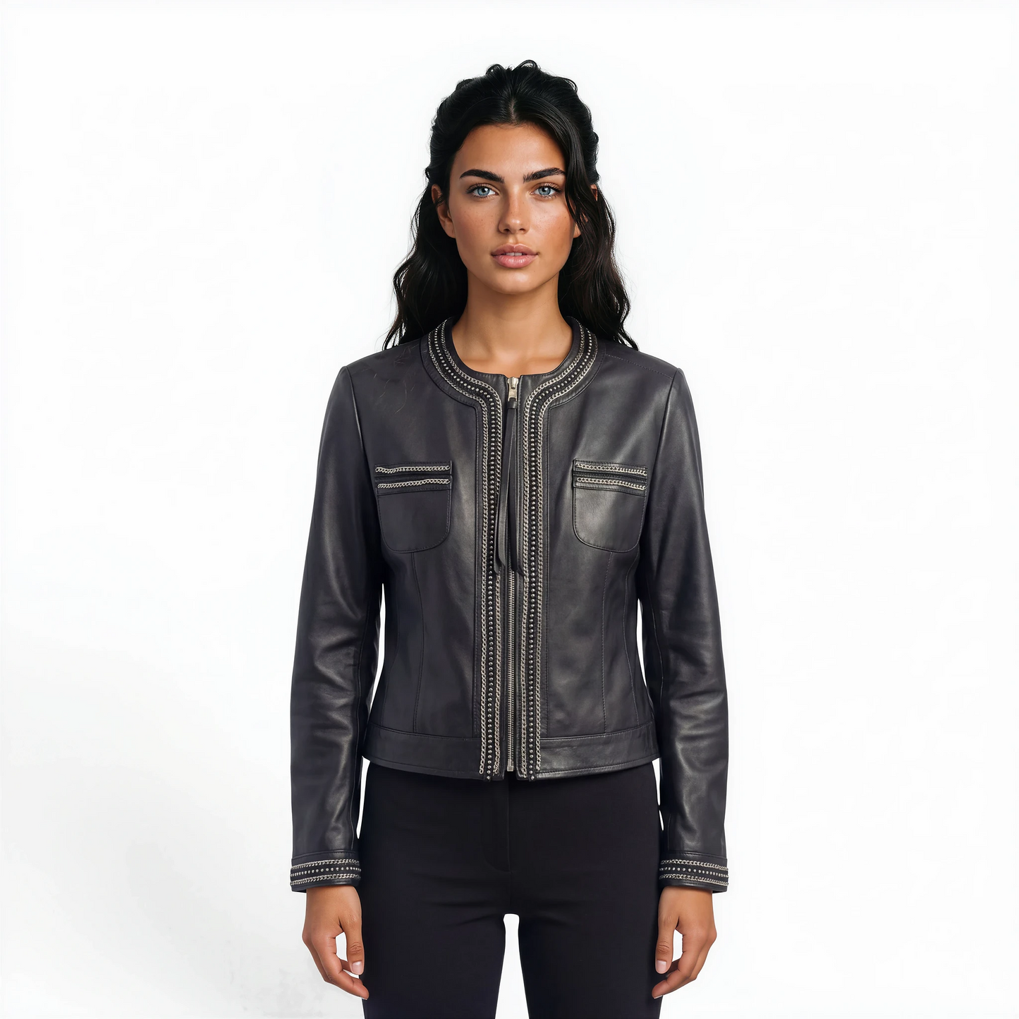 Round Neck Embellished Lamb Leather Jacket