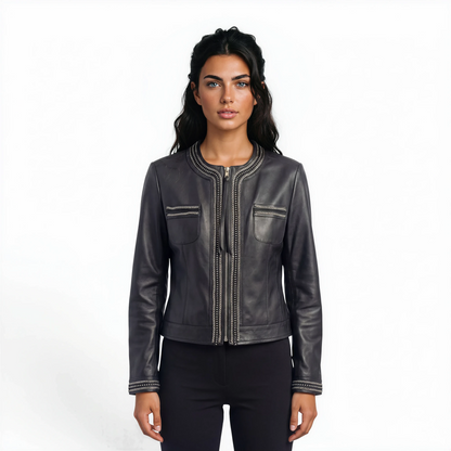 Round Neck Embellished Lamb Leather Jacket