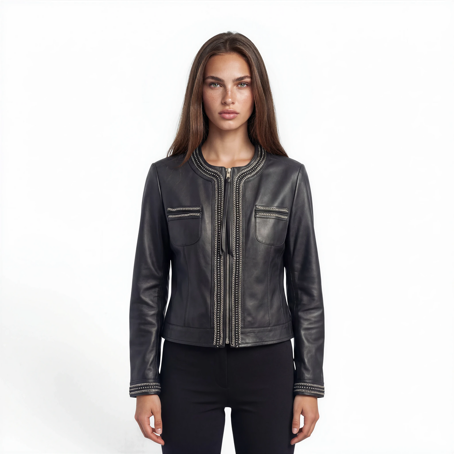 Round Neck Embellished Lamb Leather Jacket