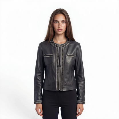 Round Neck Embellished Lamb Leather Jacket