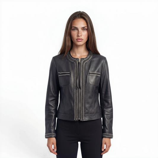Round Neck Embellished Lamb Leather Jacket
