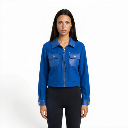 Lamb Leather Trim Knit Jacket