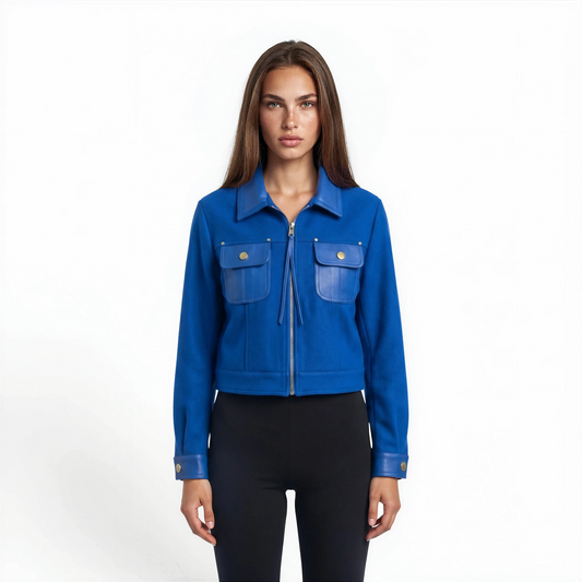 Lamb Leather Trim Knit Jacket