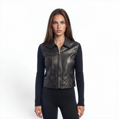 Lamb Leather Trim Knit Jacket