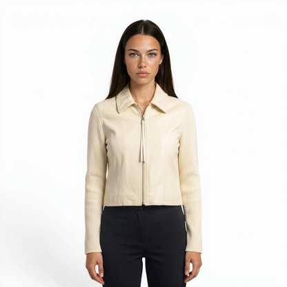Lamb Leather Trim Knit Jacket